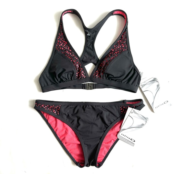 Oakley O-Laser Cut Triangle Brazilian 2 Piece Top Bottom Bikini Set Gray Small - Picture 1 of 17